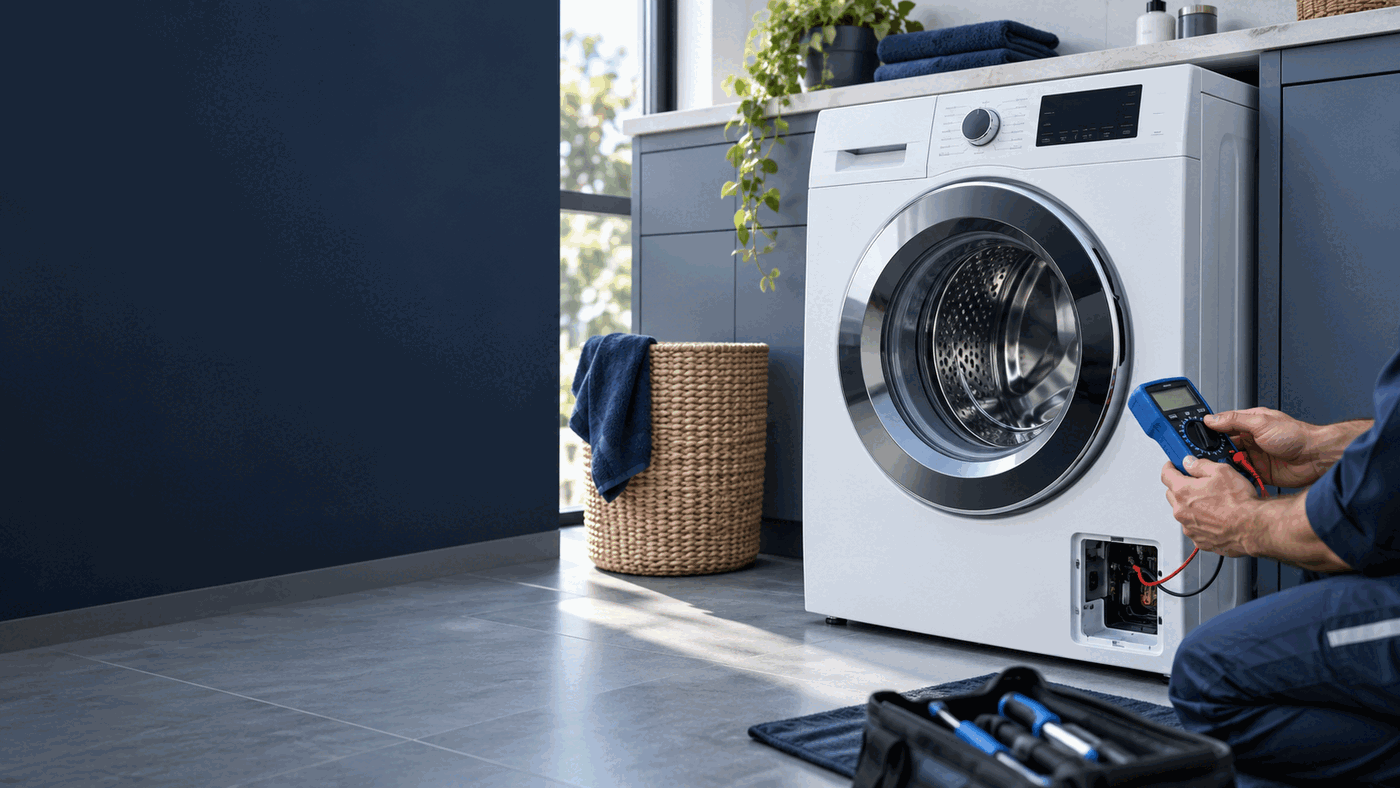 Modern front-loading washing machine ready for professional diagnosis